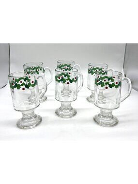 Set Of 6 LIbby Glass Pedestal Mugs With Christmas Holly & Berry Design - 5" Tall